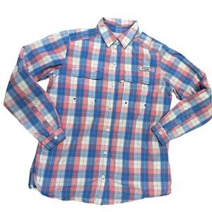 Columbia PFG Pink & Blue Plaid Long Sleeve Cotton Outdoor Button Up Shirt Medium